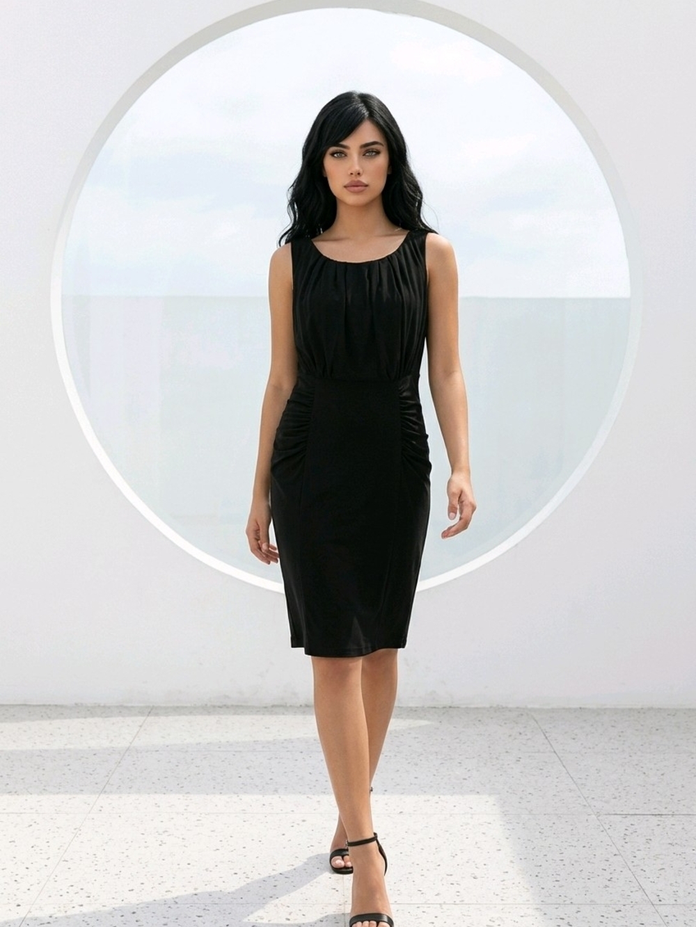 Kay Unger Black Sleeveless Ruched Sheath Dress